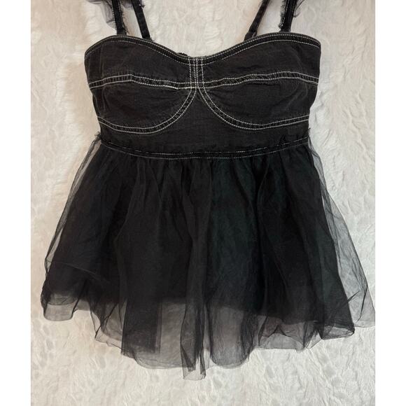 NWT Anthropologie Pilcro Sheer Tulle Babydoll Blouse Top Black Denim Corset XS - Picture 3 of 16